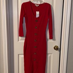 Red Soft Fabric Dress With Buttons On Front. 3/4 Sleeves Mid Calf Length Red Midi Dress With 3/4 Sleeves, Red Long Sleeve Bodycon Dress For Spring, Red 3/4 Sleeve Dress For Fall, Red Half Sleeve Dress For Fall, Red 3/4 Sleeve Midi Dress For Fall, Red 3/4 Sleeve Spring Dress, Red Midi Dress With 3/4 Sleeves For Fall, Red 3/4 Sleeve Dress For Spring, Red Fitted Dress With 3/4 Sleeves