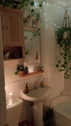 a white sink sitting under a bathroom mirror next to a bath tub filled with plants