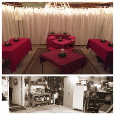 two pictures show the same room with red tablecloths