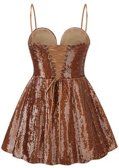 a brown dress with gold sequins on the bottom and straps at the waist