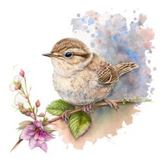 a watercolor painting of a bird on a branch with flowers