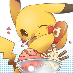 a pikachu eating ice cream from a bowl