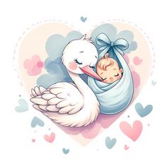 a stork is holding a baby girl in its belly with hearts around it