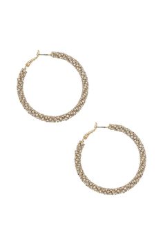 18k gold plated brass hoops Omega back Crystal accents Measures approx 2" in diameter These pieces are destined to live a long life if they are carefully taken care of. We recommend against wearing your jewelry while bathing and having your jewelry come into any contact with chemicals such as perfume, lotions, hairspray & cleaning products. Avoid wearing jewelry whilst swimming or bathing. After wear, please ensure jewels are stored in a safe, dry place that is preferably flat, out of direct lig Gold-tone Hypoallergenic Hoop Earrings, Hypoallergenic Gold-tone Hoop Earrings, Gold-tone Metal Hoop Jewelry, Nickel Free Gold-tone Hoop Jewelry, Nickel-free Gold-tone Hoop Jewelry, Tarnish Resistant Metal Hoop Earrings, Tarnish Resistant Metal Circle Hoop Earrings, Nickel-free Gold-plated Hoop Earrings For Party, Gold-tone Nickel-free Round Hoop Earrings