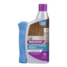 a bottle of furniture cleaner next to a blue cleaning cloth on a white background with the words rejuvenate written above it