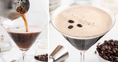 coffee being poured into a martini glass with chocolate chips on the side and then topped with caramel