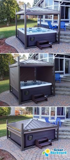 an outdoor hot tub with steps leading up to it and two pictures of the outside