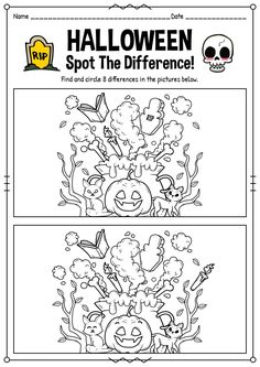 halloween spot the differences worksheet for kids to color and practice their handwriting skills