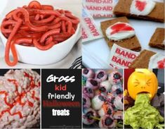 halloween treats and desserts are featured in this collage with the words gross kid friendly halloween treats