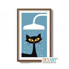 a black cat with yellow eyes sitting under a rain shower, framed in wood frame