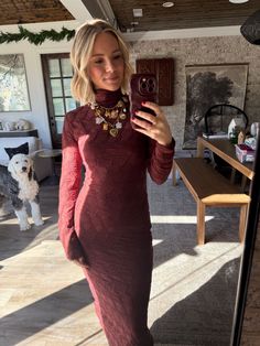 Looking for a classy winter dress? Look no further than this stunning burgundy long dress! It’s perfect for any Christmas party, fancy dinner, wedding, formal occasion, and the holiday season. Also ideal to wear as a maternity dress! Super comfy, flattering, and perfect for the colder months! Elevate it with a necklace stack and stylish boots for a chic touch. Burgundy Dress Outfit | Long Dress Outfit | Winter Dresses For Women | Hunter Premo Burgundy Dress Outfit, Burgundy Long Dress, Winter Dress Outfits, Fancy Dinner, Stylish Boots, Women Hunters, Popular Outfits, Burgundy Dress, Winter Dresses