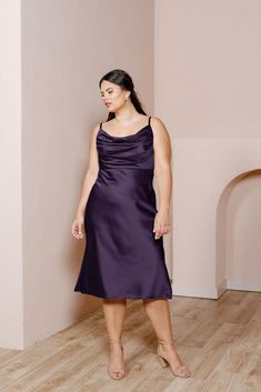 Model: Barbara; Size: 14 Elegant Purple Satin Midi Dress, Elegant A-line Purple Midi Dress, Dark Purple Satin Slip Dress, Purple V-neck Midi Dress For Formal Occasions, Chic Purple V-neck Midi Dress, Wedding Parties Colors, Bridesmaid Dress Colors, Dress Silhouette, White Shop