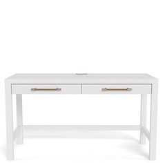 a white desk with two drawers on the top and one drawer at the bottom, in front of a white background