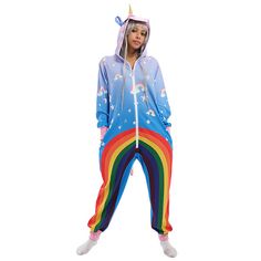 Kawaii Cartoon Unicorn Onesie Pajamas Kigurumi Cute Style Rainbow Print Long Sleeve Hoodie Jumpsuit Christmas Costume for Women Long Sleeve Cartoon Print Onesie For Pajama Party, Multicolor Long Sleeve Onesie For Pajama Party, Multicolor Long Sleeve Jumpsuits And Rompers For Loungewear, Unicorn Onesie Pajamas, Womens Onesie, Unicorn Onesie, Hoodie Jumpsuit, Onesie Costumes, Costume For Women