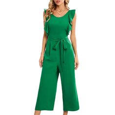 Green Ruffle Hem Tie Waist Straight Leg Jumpsuit Jumpsuits Pattern, Romper Casual, Womens Black Jumpsuit, Cozy Coats, Trendy Jackets, Green Jumpsuit, Jumpsuit Pattern, Casual Rompers, Pant Length