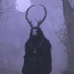 a horned animal standing in the middle of a forest with trees and moon behind it