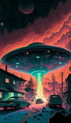 a painting of an alien spaceship flying over a city with cars parked on the street