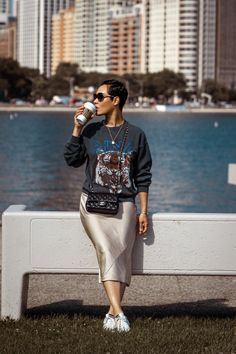 How To Dress For Summer Outfit Ideas, Everyday Outfits Fall Casual Chic, Satin Dress And Sweater Outfit, Dresses And Skirts With Sneakers, Purple Slip Dress Outfit Winter, Silk Dress With Sneakers Outfit, Metallic Slip Dress Outfit, Laid Back Feminine Style, Summer Outdoor Date Outfit