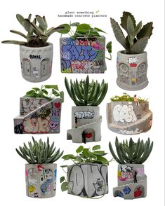 there are many potted plants that have been decorated with graffitti on them