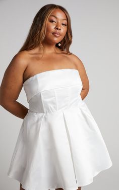 Valora Mini Dress - Strapless Fit and Flare Satin Dress in Ivory | Showpo USA Flare Satin Dress, Skirt Fits, Satin Mini Dress, Satin Dress, Fitted Bodice, Satin Dresses, Fit & Flare, Fit And Flare, Bridal Gowns