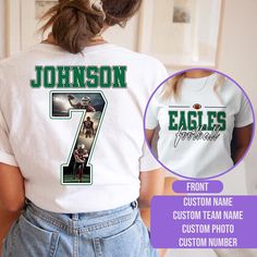 Custom Photo Football Number Sweatshirt, Personalized Team Football Mom T-Shirt, Football Game Day Tee, Custom Name Player Shirts  The Standard T-Shirt, personalized to suit your individual style, serves as the perfect medium for self-expression. Made from 100% preshrunk cotton, this timeless short-sleeve tee not only ensures comfort but also offers ample opportunities for print-on-demand customization. Whether you seek to showcase your creativity, promote your brand, or commemorate a special oc Game Day Crew Neck T-shirt With Custom Print, Football Season Custom Print Crew Neck T-shirt, Sports Season White T-shirt With Name Print, White Sports Season T-shirt With Name Print, White T-shirt With Name Print For Sports Season, White Name Print T-shirt For Sports Season, Custom Print White Tops For Sports Season, White Fan Apparel Top With Name Print, White Tops With Custom Print For Sports Season