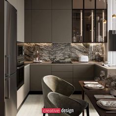 a modern kitchen with marble counter tops and cabinets