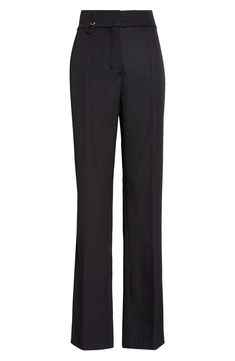 Crisp creases further the polished look of these high-waisted wool straight-leg pants designed with long slits at the hems. 34 1/2" inseam; 17" leg opening; 13 3/4" front rise; 16 1/2" back rise (size 42 FR) Zip fly with hook-and-bar closure Front slant pockets; back welt pockets 100% wool Dry clean Made in Bulgaria Designer Clothing Wool Straight Leg Evening Bottoms, Wool Straight Leg Dress Pants For Office, Chic Wool Wide Leg Pants With Straight Hem, Elegant Wool Wide Leg Pants With Straight Hem, Wool Straight Pants For Evening, Classic Wide-leg Work Pants For Formal Occasions, Tailored Elegant Work Pants With Straight Hem, Elegant Tailored Work Pants With Straight Hem, Tailored Straight Hem Evening Pants