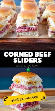 corned beef sliders stacked on top of each other with the text corned beef sliders