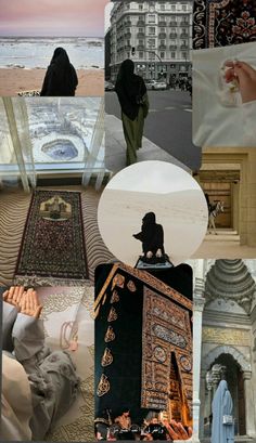 a collage of photos with people and buildings in the background, including an image of a person standing on top of a rug