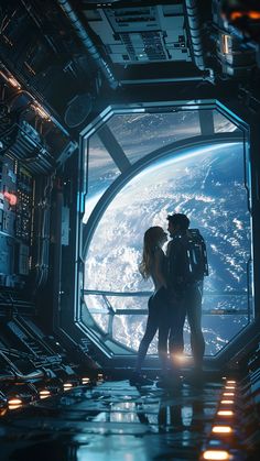 two people standing in front of a window looking at the earth from inside a space station