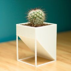 a small cactus sitting in a white planter on top of a wooden table next to a blue wall