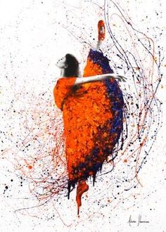 an artistic painting of a woman in orange and blue with splatters on her body