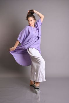 "✿ New collection! 💜Purple 100% LINEN tunic. 💜Casual linen tunic, Handmade loose shirt. 💜Maxi linen top. Purple ORGANIC oversize long shirt. 💜This high-low Tunic is 100% linen fabric. 💜Excellent style for the spring and summer seasons. 💜This loose and comfy stylish Caftan for women is adding the elegant and fashionable touch in your everyday life. ◾Quality NATURAL linen fabric. ✂ Fabric: Linen 100% Model wearring size M Heigth: 176cm- 5\"8 inches ◾ The style was originally designed and pro Oversized Purple Tops For Spring, Spring Oversized Purple Tops, Purple Long Sleeve Spring Tunic, Purple Long Sleeve Tunic For Spring, Purple Cotton Blouse With Relaxed Fit, Summer Purple Shirt For Daywear, Summer Daywear Purple Shirt, Casual Purple Blouse For Daywear, Purple Short Sleeve Blouse For Daywear