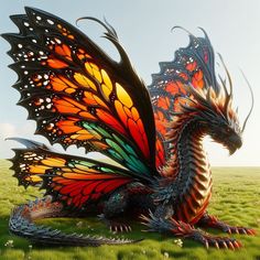 a dragon statue sitting on top of a lush green field next to a blue sky