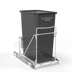 a black trash can sitting on top of a metal cart