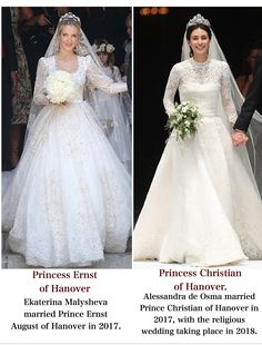 two pictures of the same brides in their wedding dresses, one is wearing a tiara and the other has a veil