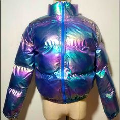 Brand New, Never Been Worn, Item Is Too Small For Me Fitted Iridescent Outerwear For Winter, Trendy Iridescent Outerwear For Fall, Trendy Blue Outerwear For Parties, Trendy Blue Party Outerwear, Winter Bright, Bubble Coat, Cozy Dress, Vest Crop Top, Party Dress Short