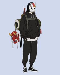 a person wearing a cat mask and carrying a backpack with other items attached to it