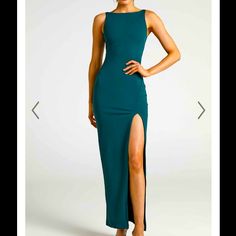 Bought This Dress For A Wedding In Two Sizes. Never Worn. Us Size 4. Invisible Zip In The Back And Hook And Eye Closure. High Neck Line With Fixed Straps. Scoop Neckline In The Back. Fitted Bridesmaid Dress With Side Slits, Fitted Maxi Dress With Side Slits For Bridesmaids, Elegant Green Maxi Dress With Back Opening, Formal Green Maxi Dress With Back Opening, Fitted Maxi Dress With Side Slits For Wedding, Dressy Fitted Maxi Dress For Bridesmaids, Fitted Sheath Evening Dress For Bridesmaids, Sleeveless Dress With Side Slits For Wedding, Formal Stretch Dresses With Side Slits