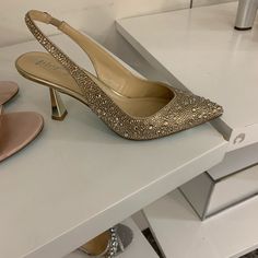 Never Worn - Brand New, Originally $119 Low Heel Court Shoes With Branded Insole For Party, Gold Court Shoes With Reinforced Heel For Evening, Chic Low Heel Champagne Heels, Chic Gold Court Shoes With Heel Strap, Chic Champagne Low Heel Heels, Gold Embellished Low Heel Heels, Chic Embellished Champagne Heels, Gold Kitten Heels With 4-inch Heel For Formal Occasions, Betsey Johnson Shoes Heels