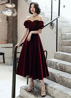 Wine Red Velvet Tea Length Off Shoulder Party Dress. Wine Red Bridesmaid Dress Wine Red Bridesmaid Dresses, Off Shoulder Party Dress, Blue Tulle Prom Dress, Tea Length Prom Dress, Velvet Evening Dress, Red Bridesmaids, Red Bridesmaid Dresses, Burgundy Velvet, Short Prom Dress