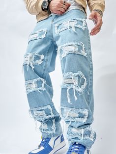 Light Wash  Collar  Denim Plain Wide Leg Embellished Non-Stretch  Men Clothing Looks Hip Hop, Streetwear Male, Pants Streetwear, Dockers Pants, Streetwear Essentials, Streetwear Mode, Jean Large, Carhartt Pants, Streetwear Aesthetic