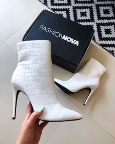 Instagram White Stilettos, Fashion Nova Shoes, White Booties, White High Heels, Shoe Last, Croc Print, Lingerie Accessories, Zipper Detail