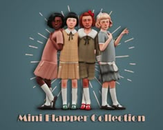 three girls standing next to each other with the words mini harper collection on it's back