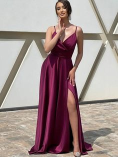 A-Line/Princess Elastic Woven Satin Ruffles V-neck Sleeveless Sweep/Brush Train Dresses Prom Dress With Train, Formal Prom Dresses Long, Spaghetti Strap Prom Dress, Satin Evening Dresses, Evening Party Gowns, Prom Dresses Sleeveless, Womens Prom Dresses, Winter Fabric, A Line Prom Dresses