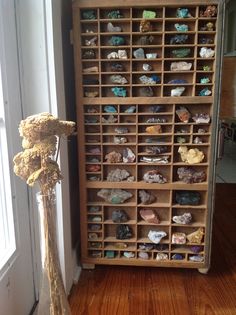 a vase sitting next to a wooden shelf filled with rocks