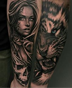 a woman and a tiger with blue eyes on both legs are shown in this tattoo design