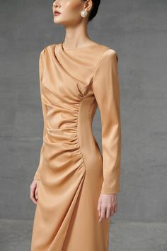 Fitted Pre-draped Dress With Ruched Sides, Elegant Long Sleeve Dresses With Ruched Sides, Fitted Draped Dress With Gathered Neckline, Fitted Draped Dress With Gathered Sleeves, Pre-draped Fitted Dress With Ruched Sides, Silk Draped Midi Dress With Fitted Bodice, Silk Midi Dress With Draped Fitted Bodice, Dress With Draped Sleeves And Fitted Bodice, Fitted Bodice Dress With Draped Sleeves