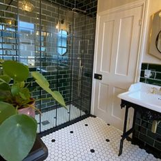 a bathroom with black and white tile, green plants, and a glass shower door