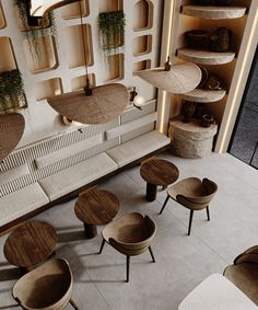 an overhead view of several chairs and tables in a living room